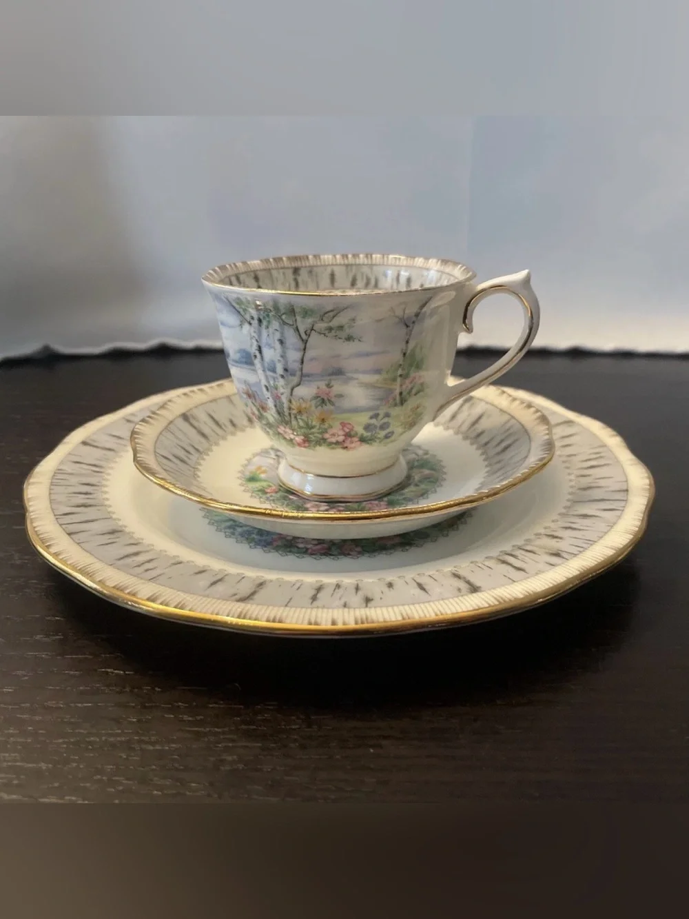 Vintage Royal Albert Silver Birch Bone China 3 set Teacup, Saucer, Cake Plate